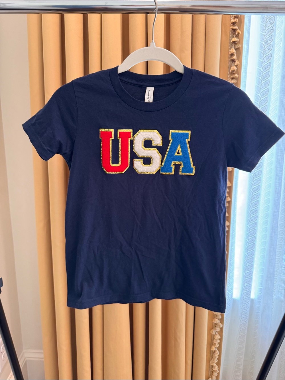 Custom Navy Short Sleeve Tee with Red White Blue USA Applique patches